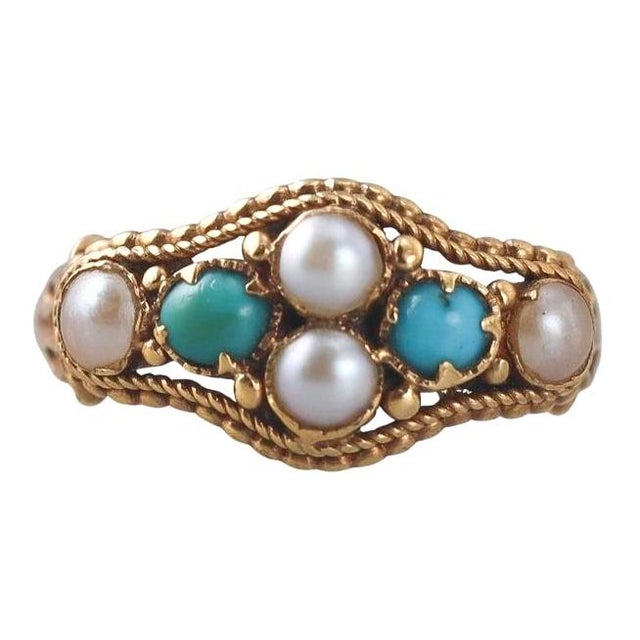 Early 20th Century Antique 18k Gold Pearl and Turquoise Ring For Sale - Image 5 of 11