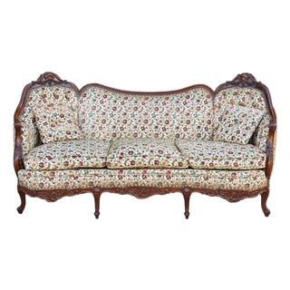 Antique Victorian Walnut Serpentine Cream Floral Upholstered Sofa For Sale