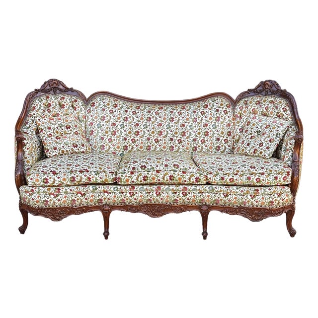 Antique Victorian Walnut Serpentine Cream Floral Upholstered Sofa For Sale