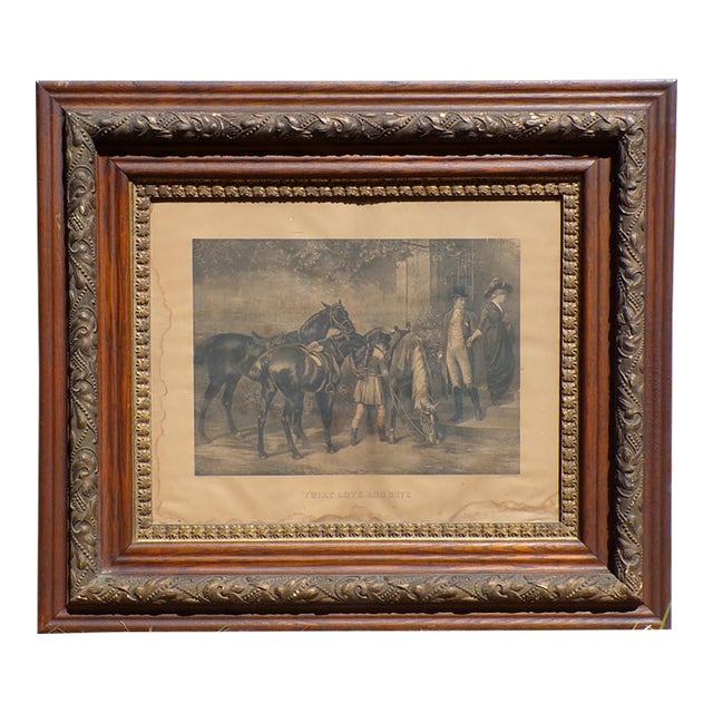 Antique Equestrian Horse Lithograph Print Oak Wood Gilt Gesso Double Frame For Sale