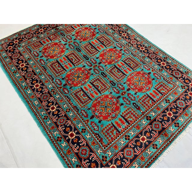 Turquoise Tree of Life Tribal Wool Area Rug, 4'11" X 6'6" For Sale - Image 4 of 15