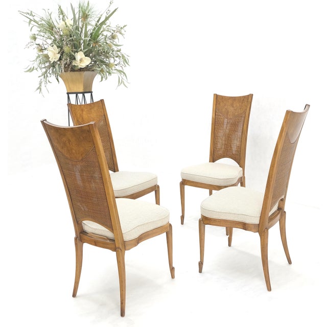 Set 4 Burl Wood Cane Back NEW Upholstery Dining Chairs Mid Century Modern MINT! For Sale - Image 12 of 15
