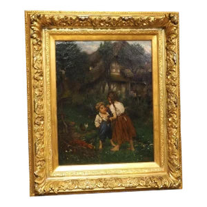 Antique Oil Painting, “Children Eating Cherries in the Garden”, 1880