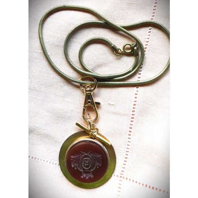 Antique Carved Carnelian Gold Round Pendant Necklace, Initial "F", Snake Chain, Toggle For Sale - Image 9 of 12