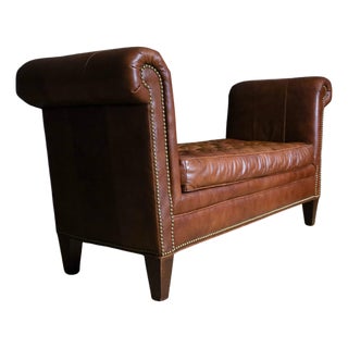 Late 20th Century Traditional Tufted Chesterfield "Austin Brown" Leather Rolled-Arm Bench For Sale