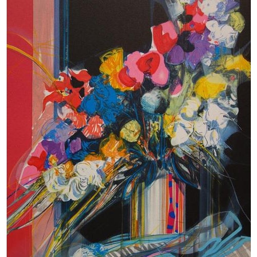 Modern Jean-Baptiste Valadie, Blue, White and Red Bouquet, Original Lithograph For Sale - Image 3 of 7