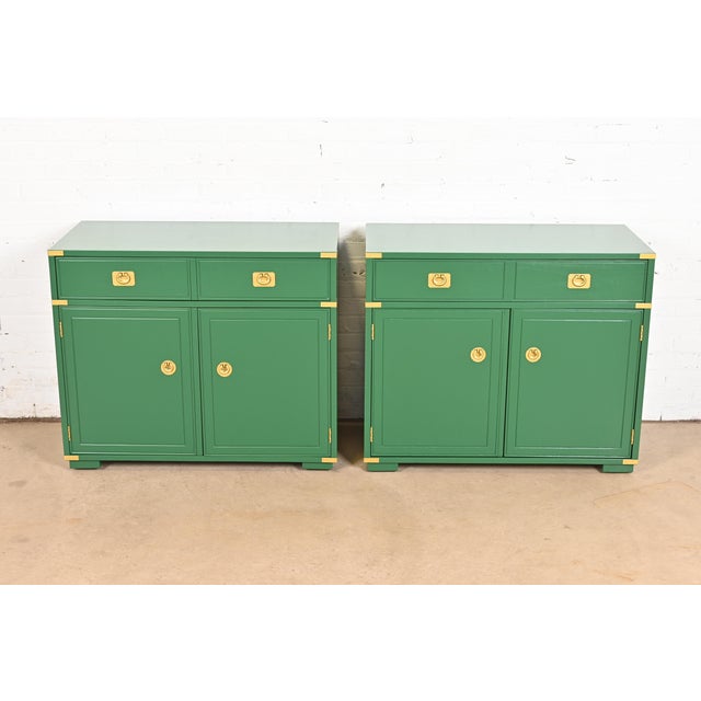 Mid-Century Modern Thomasville Mid-Century Hollywood Regency Campaign Green Lacquered Bar Cabinets, Newly Refinished For Sale - Image 3 of 13