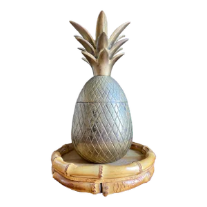 Chinoiserie Chic Brass Pineapple Trinket Box on Bamboo Plateau