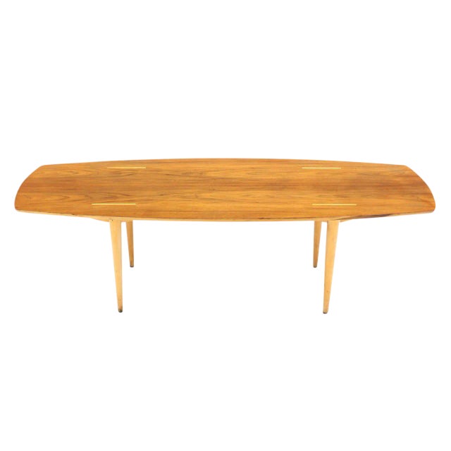 Tan Mid-Century Modern Boat Shape Walnut-Top Coffee Table For Sale - Image 8 of 8