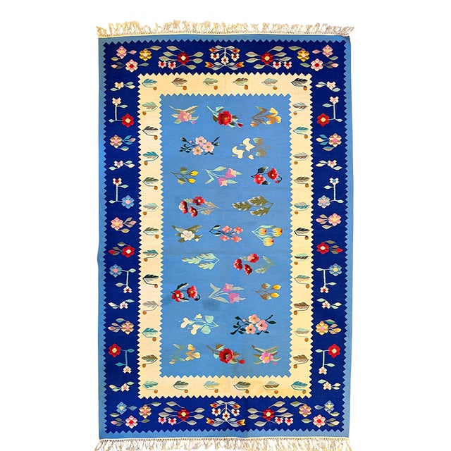 Folk Art Mid-20th Century Romanian Oltenian Folk Art Floral Wool Kilim Rug in Blue and Navy For Sale - Image 3 of 9