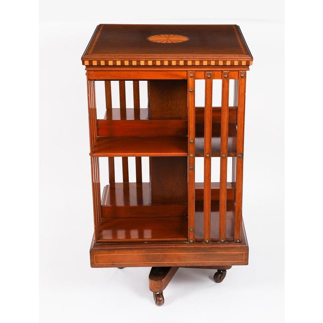 Antique Edwardian Flame Mahogany and Inlaid Revolving Bookcase, 1890s For Sale - Image 3 of 15