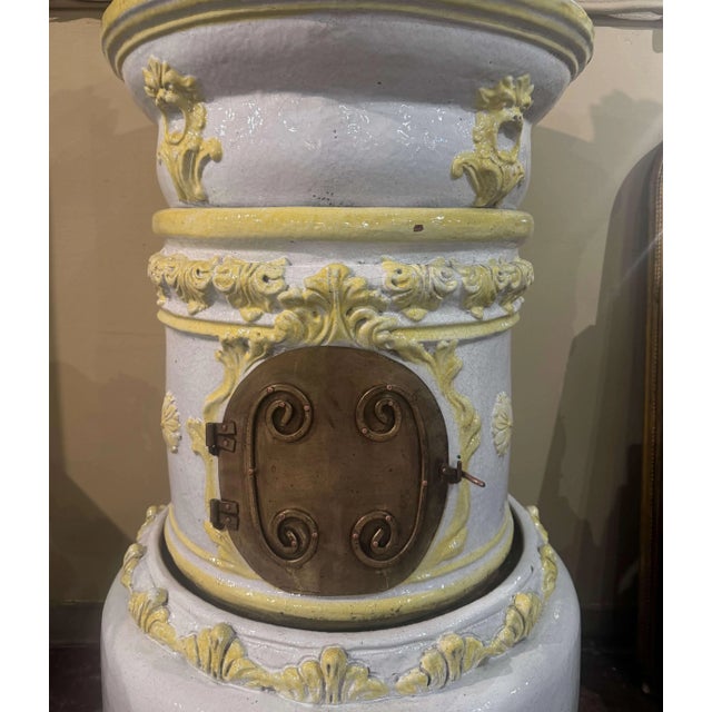 19th Century French Glazed Terracotta and Brass Wood-Burning Stove For Sale - Image 10 of 13