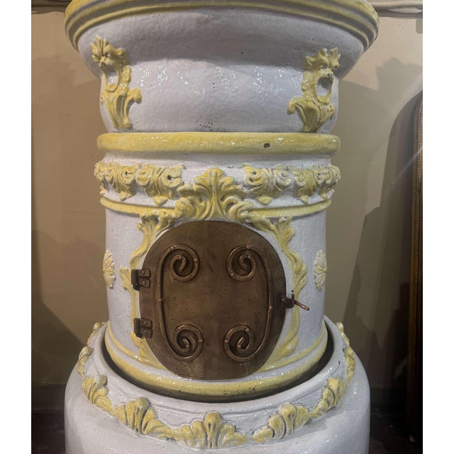 19th Century French White and Yellow Terracotta and Brass Wood Burning Stove For Sale - Image 10 of 12