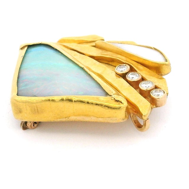 Vintage American Studio 22k Gold Opal Diamond Modernist Brooch For Sale In Miami - Image 6 of 14
