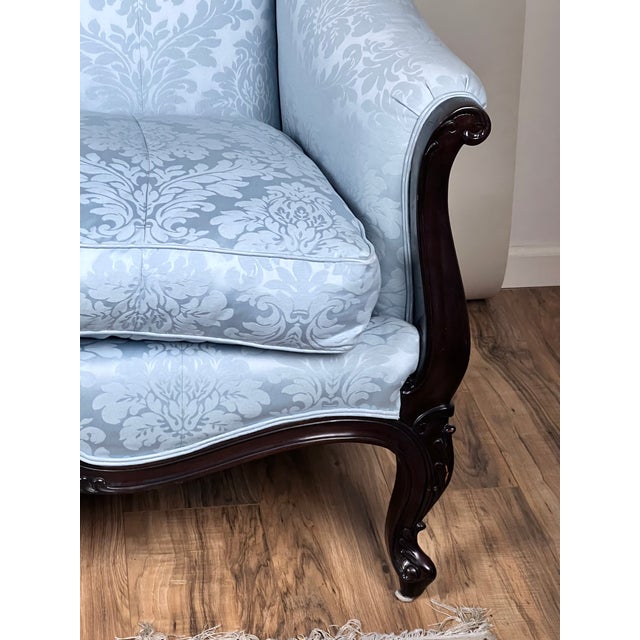 Wood Vintage Louis XV Rococo Style Sofa in Newer Pale Blue Damask Upholstery For Sale - Image 7 of 9