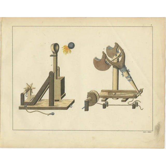 Title: 19th-Century Hand-Coloured Lithograph of Medieval Catapults and Siege Engines : This finely hand-coloured...