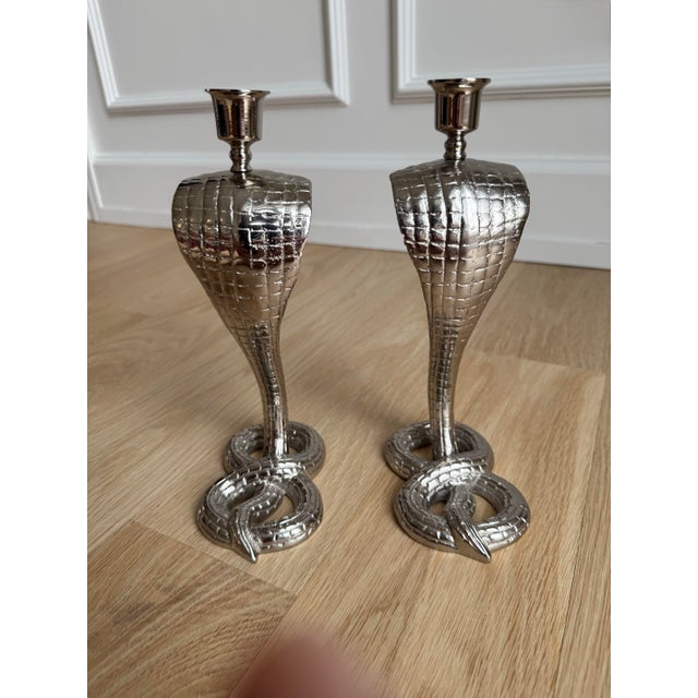 Metal 1930s Egyptian Revival Bronze Candlesticks/Taper Candle Holders, Newly Nickel Plated – Exquisitely Detailed Sculptural Pair For Sale - Image 7 of 11