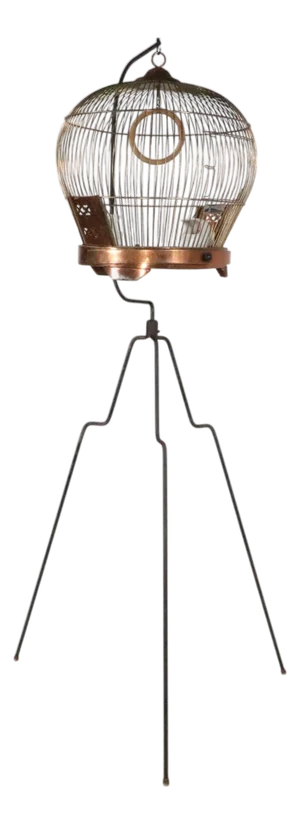 Mid 20th Century Copper Birdcage With Wrought Iron Stand and Accessories by Reliance