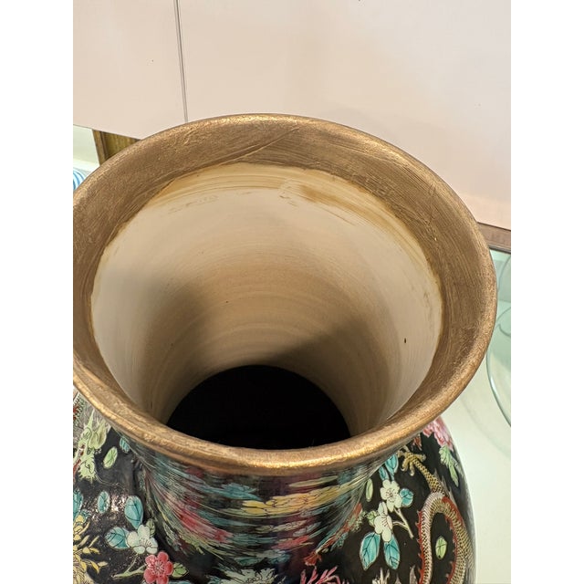 Momumental Vintage Chinese Black Ground Dragon & Floral Porcelain Floor Vase With Gilt Rim For Sale - Image 10 of 18