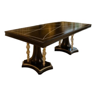 Luxury Walnut Burl & Gold Trestle Dining Table With Sculptural Pedestal Base For Sale