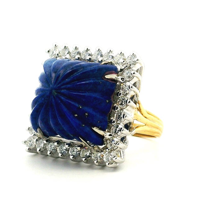 Metal 1970s Mid-Century 18k Two-Tone Carved Lapis Lazuli and Diamond Halo Cocktail Ring, Size 7 For Sale - Image 7 of 9