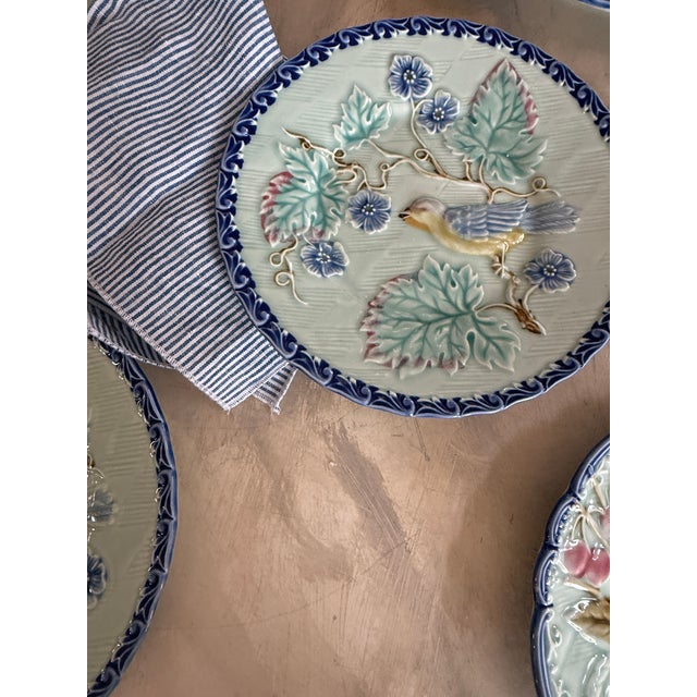 Pottery Barn Blue Majolica Bird Plates Set - Set of 9 For Sale - Image 9 of 12