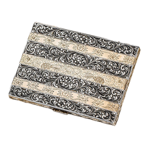 Exceptional Luxury Italian Hand Engraved Ornate Antique Cigarette Case Holder 800 Silver 18k Gold Inlay Tobacciana Collectible
