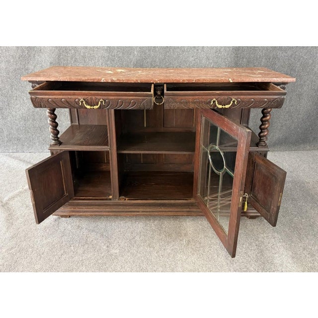 19th Century Marble Top Continental Oak Buffet With Leaded Glass Door For Sale - Image 4 of 18