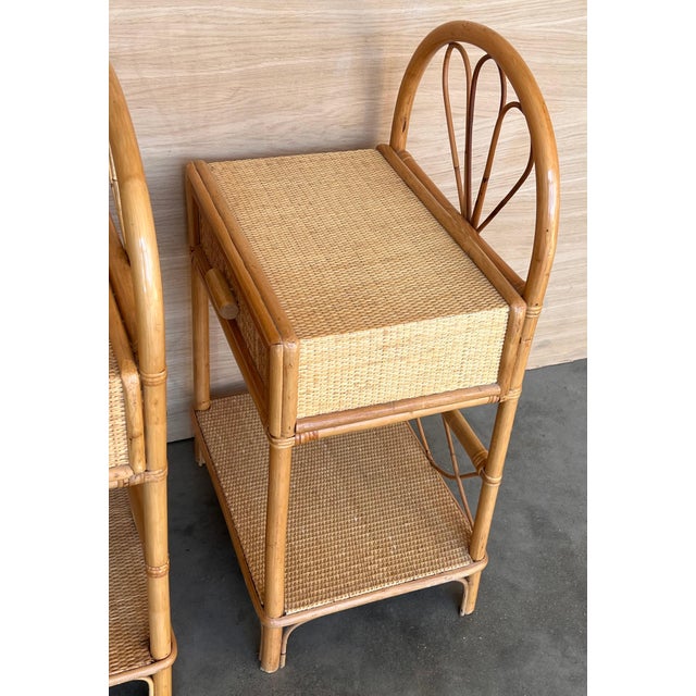 Wood Pair of Split Reed Bamboo Rattan Nightstands with Drawer and Low Tier, 1970s For Sale - Image 7 of 18