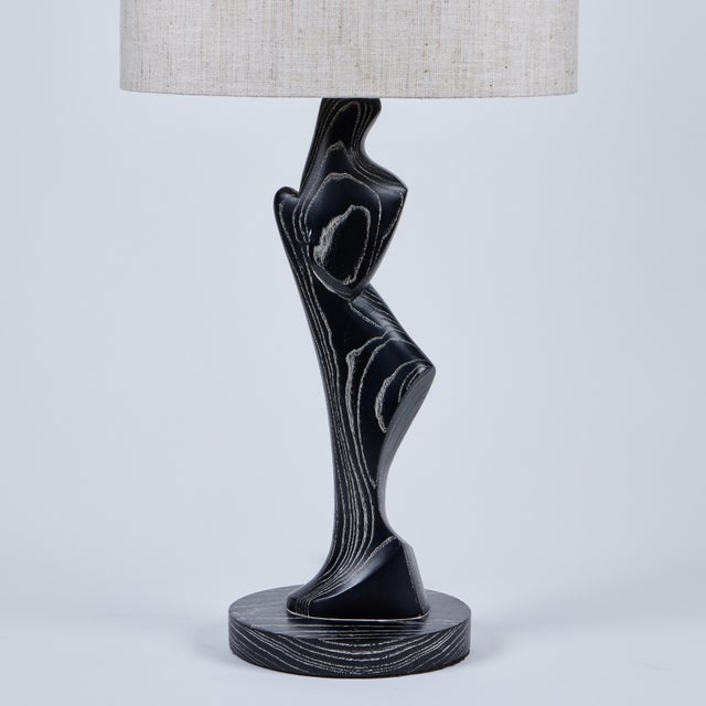 French Rare Pair of French Sculptural Cerused Oak Lamps, 1950's For Sale - Image 3 of 8