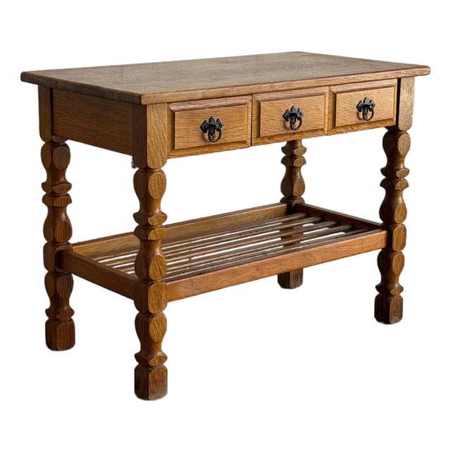 In Style of Henning Kjærnulf Oak Hallway Table With 3 Drawers and Shelf Denmark Mid-Century Modern 1960s For Sale