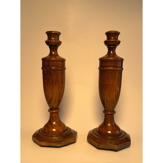 Early 20th Century English Traditional Empire Solid Oak Wood Candlesticks, a Pair For Sale In Houston - Image 6 of 12