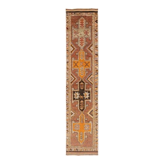 Handmade Vintage Turkish Brown Wool Runner With Tribal Star Motifs For Sale