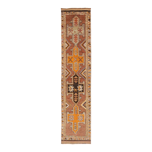 Handmade Vintage Turkish Brown Wool Runner With Tribal Star Motifs For Sale