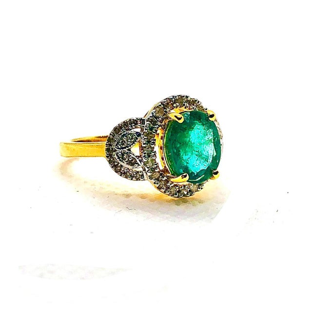 Gemstone Bochic “Capri” Vintage Natural Diamond & Emerald Retro Ring Set In 18K Gold & Silver For Sale - Image 7 of 11
