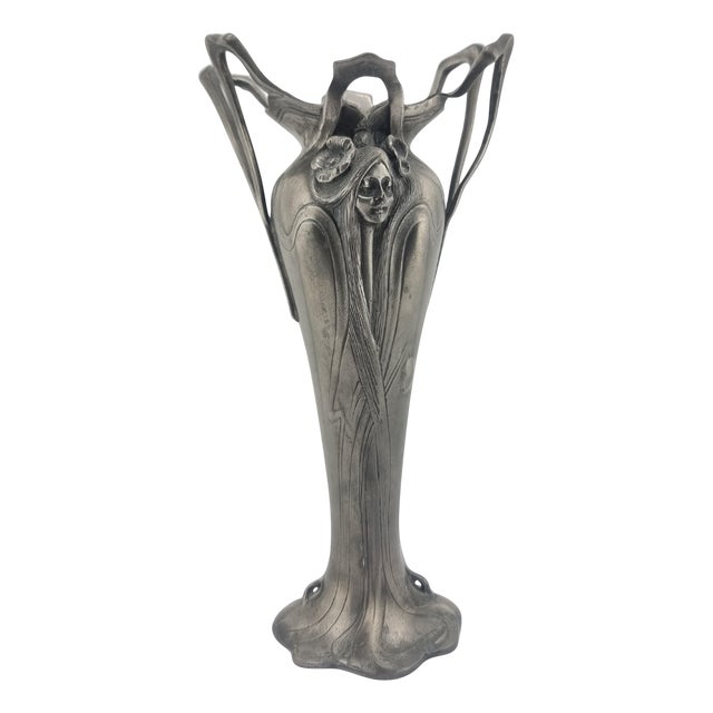 Antique Pewter Art Nouveau Vase Tin Woman Flowers For Sale