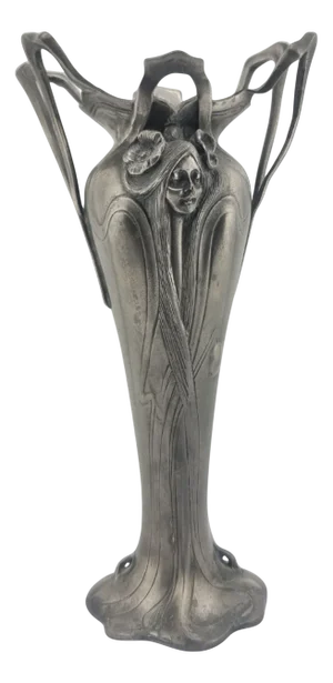 Antique Pewter Art Nouveau Vase Tin Woman Flowers