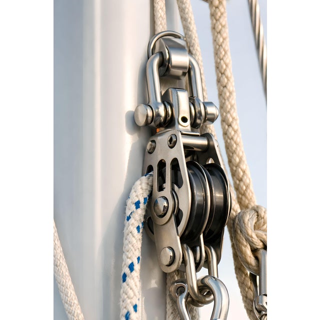 Minimalist nautical artwork featuring sailboat rigging with clean lines, polished metal hardware, and soft neutral tones....