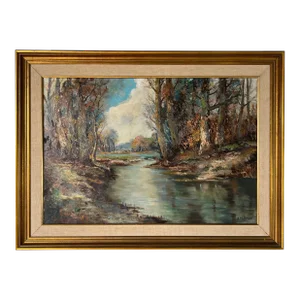 70's A. McKenzie Impressionist River Landscape Oil Painting, Framed