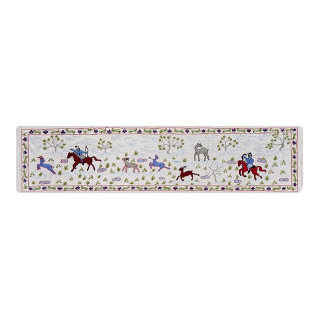 Uzbek Suzani Animal Tablecloth - Silk Cotton Blend Horse Runner 1'6'' X 6'1'' For Sale