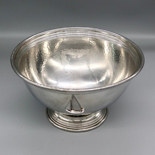 Coastal Vintage Handmade Pewter Bowl — Shirley Pewter Shop, Williamsburg, Sailboat Medallion For Sale - Image 3 of 7
