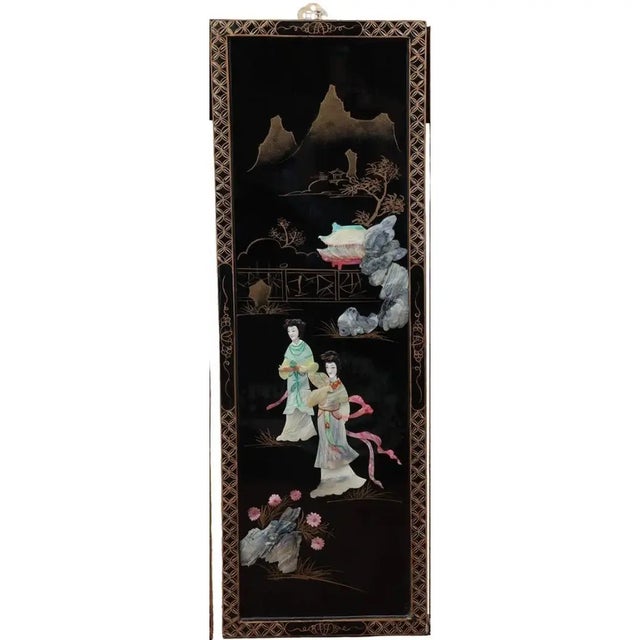 Mid 20th Century Antique Mid-Century Chinese Black Lacquer Wall Panels: Set of 4 With Raised Hardstone and Mother-of-Pearl Inlay For Sale - Image 5 of 16