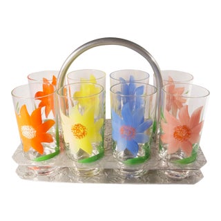 1960s Hand Painted Highball Glasses in Caddy - Set of 9 For Sale