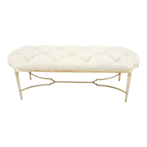 Gilt Wrought Iron Base Beige Tufted Leather Upholstery Window Hall Bench