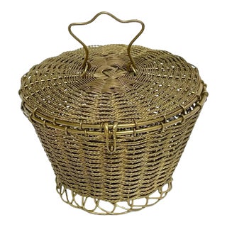 19th Century Napoleon III Woven Gilt Bronze Handled Basket, Weave Table Box For Sale