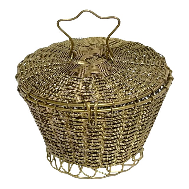 19th Century Napoleon III Woven Gilt Bronze Handled Basket, Weave Table Box For Sale