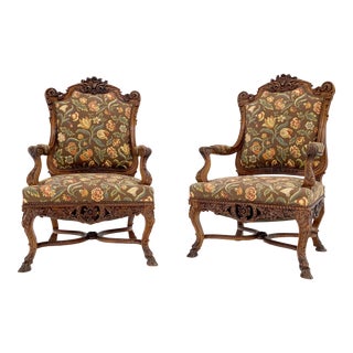 Large Carved Oak Hoof Feet Needle Point Upholstery Arm Chairs Thrones - A Pair For Sale
