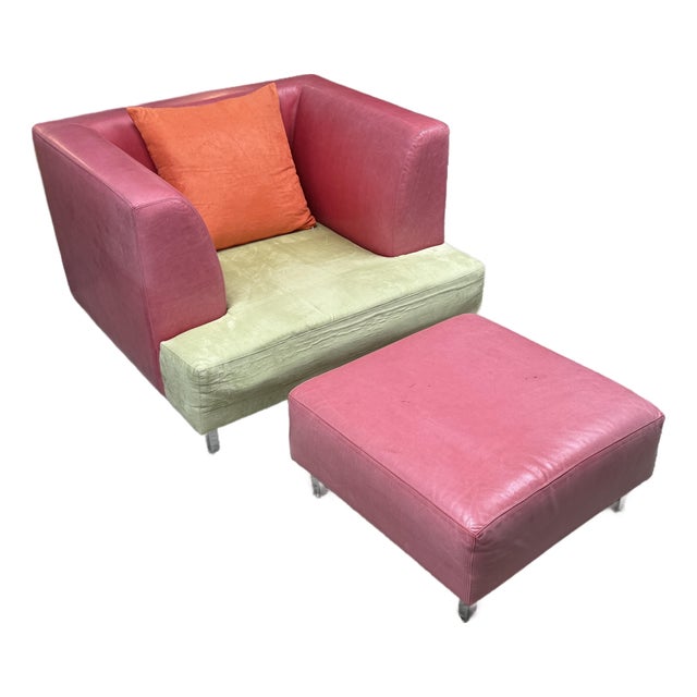 Celery Micro-Suede + Rose Pink Leather Chair + Ottoman For Sale