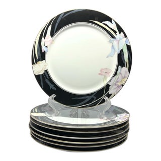 1980s Mikasa “Charisma, Black” Set of 7 Porcelain Salad Plates For Sale