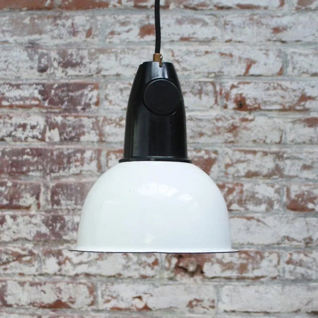 Vintage Industrial White Enamel Pendant with Bakelite Top For Sale - Image 4 of 5